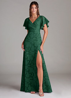 Azazie Ambrosia Vestidos de damas de honor Vestido de Verde Oscuro de Devorado Floral de Corte en A con Plisado image1