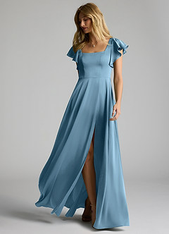 Azazie Bondi Vestidos de damas de honor Vestido de Azul Acero de Satén Elástico de Corte en A con Lazo image6