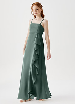 Azazie Kaylee Junior Robe Trapèze en Satin extensible avec ceinture Mousse De Mer image4