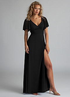Azazie Induh Bridesmaid Dresses Black A-Line Flutter V-neck Mesh Dress image3