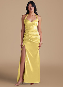 Azazie Emeria Bridesmaid Dresses Canary Sheath Side Slit Metallic Satin Dress image5