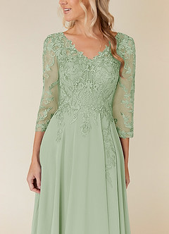 Azazie Noella Mère de la mariée Robes Robe Trapèze en Mousseline de soie Col V Dentelle Vert Sauge image6