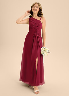 Azazie Brooke Junior Burgundy A-Line Side Slit Chiffon Dress image1