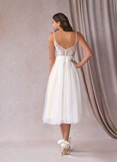 Azazie Liana Wedding Dresses A-Line V-Neck Sequins Tulle Tea-Length Dress image2