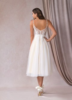 Azazie Liana Wedding Dresses Diamond White Champagne A-Line V-Neck Sequins Tulle Dress image2