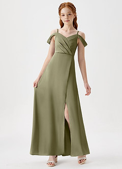 Azazie Ocean Junior Pistachio A-Line Off the Shoulder Stretch Satin Dress image6