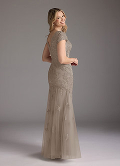 Azazie Marbella Mother of the Bride Dresses Taupe Mermaid Queen Anne Sequins Lace Dress image6