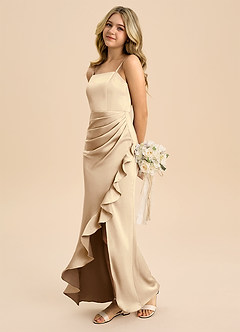 Azazie Buzzy Junior Champagne Sheath Pleated Stretch Satin Dress image6