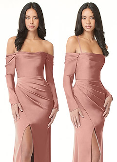 Azazie Hallie Bridesmaid Dresses Rosette Sheath Off-The-Shoulder Long Sleeve Stretch Satin Convertible Dress image9