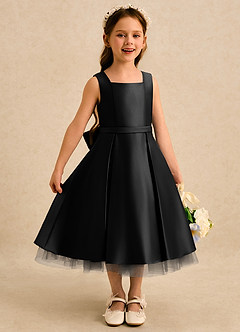 Azazie Josie Flower Girl Dresses Black A-Line Pleated Matte Satin Dress image3