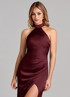 Azazie Karlotta 신부 들러리 드레스 쉬스 주름진 스트레치 새틴 바닥 길이 드레스 image6