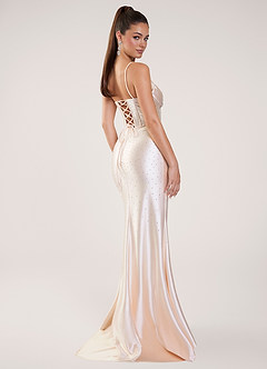 Nogolla Champagne Beading Rhinestone Stretch Satin Prom Dress | Azazie
