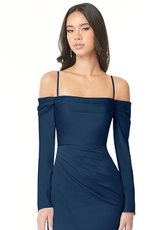 Azazie Hallie Bridesmaid Dresses Dark Navy Sheath Off-The-Shoulder Long Sleeve Stretch Satin Convertible Dress image2