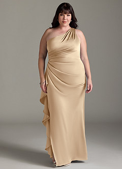 Azazie Latrice Bridesmaid Dresses Champagne Sheath One Shoulder Cascading Ruffles Stretch Satin Dress image6