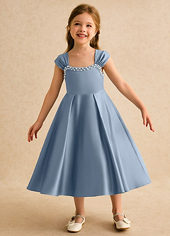 Azazie Yosemite Jurken voor bloemenmeisjes Baljurk Jurk van Mat Satijn Sweetheart Halslijn Stoffig Blauw image3