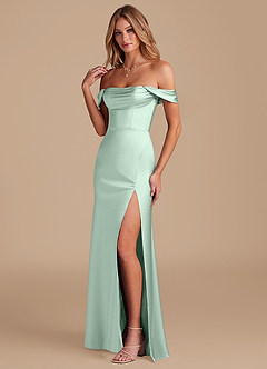 Azazie Saige Bridesmaid Dresses Agave A-Line Off the Shoulder Metallic Satin Convertible Dress image6