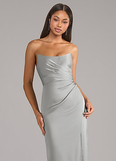 Azazie Marla Vestidos de damas de honor Vestido de Plata de Satén Elástico de Corte Recto Convertible con Sin tirantes image2