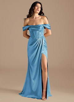 Azazie Lynden Bridesmaid Dresses Steel Blue Sheath Off the Shoulder Metallic Satin Convertible Dress image1