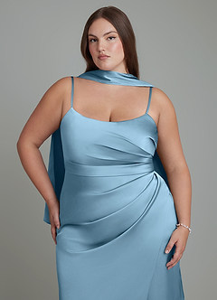 Azazie Calandra Vestidos de damas de honor Vestido Azul Acero de Satén Elástico de Corte Recto con Plisado image8