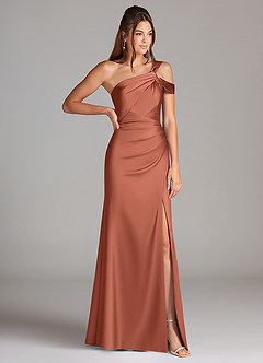 Azazie Wynter Bridesmaid Dresses Clay Sheath Off the Shoulder Stretch Satin Dress image4