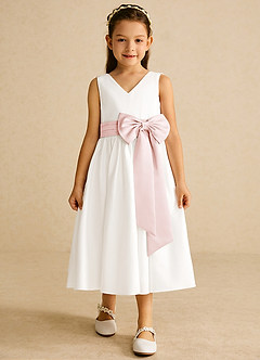 Azazie Darling Flower Girl Dresses Ivory Blushing Pink A-Line Bow Cotton Dress image4