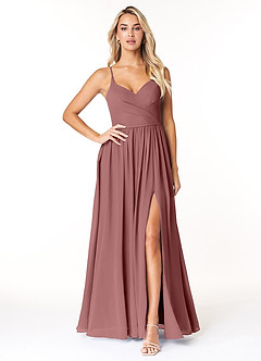 Azazie Dominic Bridesmaid Dresses Desert Rose A-Line V-Neck Pleated Chiffon Dress image1
