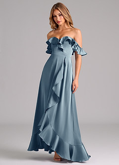 Azazie Lyra Bridesmaid Dresses Dusty Blue A-Line Off the Shoulder Stretch Satin Convertible Dress image4