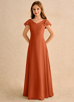 Azazie Nari Girls Formal Robe Demoiselle D'honneur Fillette Robe Trapèze en Mousseline de soie avec manches Orange Brûlée image6