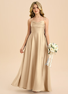 Azazie Bear Junior A라인 스윗하트 네크라인 스트레치 새틴 플로어 길이 주니어 신부 들러리 드레스 image3