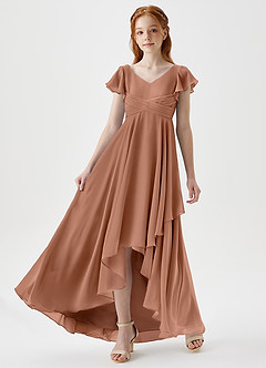 Azazie Caria Junior Robe Trapèze en Mousseline de soie Plissée Bronze image5