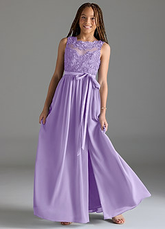 Azazie Elly Junior Robe Trapèze en Mousseline de soie Dentelle Lilas image1
