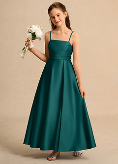 Azazie Pebbles Junior Formal Flower Girl Dresses Peacock A-Line Pleated Matte Satin Dress image1