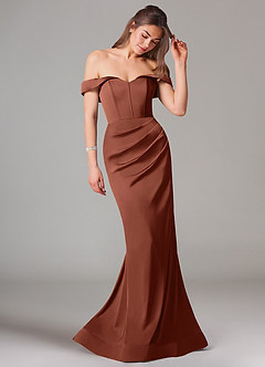 Azazie Everly Robes de demoiselle d'honneur Robe Sirène Convertible en Satin extensible Épaule décolletée Argile image6