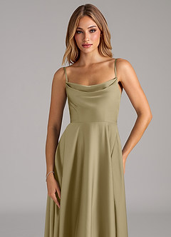 Azazie Elle Bridesmaid Dresses Moss Green A-Line Pleated Stretch Satin Dress image2