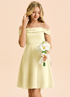 Azazie Anselie Junior Lemon Sorbet A-Line Off the Shoulder Stretch Satin Dress image4