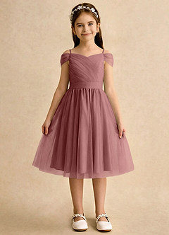 Azazie Lila Girls Formal Robe Demoiselle D'honneur Fillette Robe Trapèze en Tulle Épaule décolletée Rose Du Désert image1