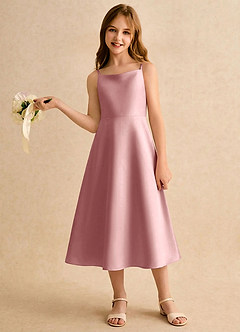Azazie Jaella Girls Formal Blumenmädchenkleider A-Linie Plissee Matte Satin Kleid Altrosa image2