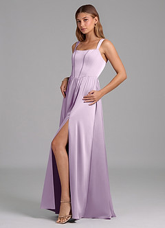 Azazie Rosaline Bridesmaid Dresses Frosted Lilac A-Line Side Slit Stretch Satin Dress image5
