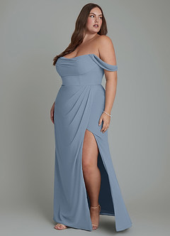 Azazie Johana Vestidos de damas de honor Vestido Azul Polvoriento de Gasa de Corte Sirena Convertible con Hombros descubiertos image12