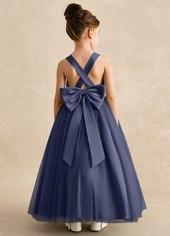 Azazie Peanut Robe Demoiselle D'honneur Fillette Robe Trapèze en Tulle Bretelle Bleu Orageux image1