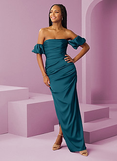 Barbie ♥ Azazie Jurken voor bruidsmeisjes Converteerbaar Jurk van Stretch Satijn met Kolom Off the Shoulder Inkt Blauw image3