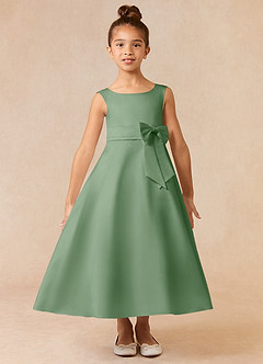 Azazie Lindy Flower Girl Dresses Matcha A-Line Pleated Matte Satin Dress image2