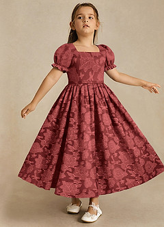 Azazie Joss vestidos de niña de las flores Vestido Terracota de Devorado Floral de Línea A con con mangas image3