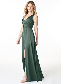 Azazie Nelly Robes de demoiselle d'honneur Robe Trapèze en Satin extensible Col en V Plissé Mousse De Mer image3