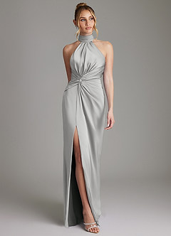 Azazie Gracelynn Bridesmaid Dresses Silver Sheath Pleated Stretch Satin Dress image1