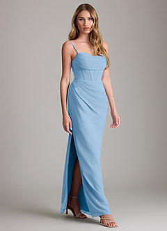 Azazie Mai Robes de demoiselle d'honneur Robe Fourreau en Mousseline de soie Plissée Poudre Bleue image3
