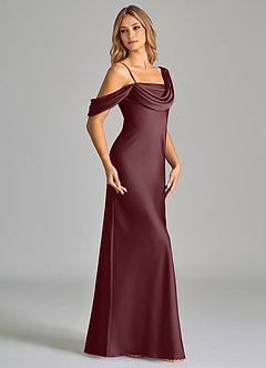 Azazie Celina Bridesmaid Dresses Sangria Sheath Off the Shoulder Stretch Satin Dress image4