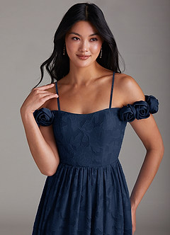Azazie Autumn Bridesmaid Dresses Dark Navy A-Line Off the Shoulder Floral Burnout Convertible Dress image2