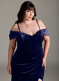 Azazie Jas Robes de demoiselle d'honneur Robe Fourreau Convertible en velours Schulterfreies Korsett Bleu Marine Foncé image18