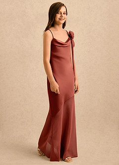 Azazie Kai Girls Formal Robe Demoiselle D'honneur Fillette Robe Fourreau en Satin extensible Plissée Terracotta image4